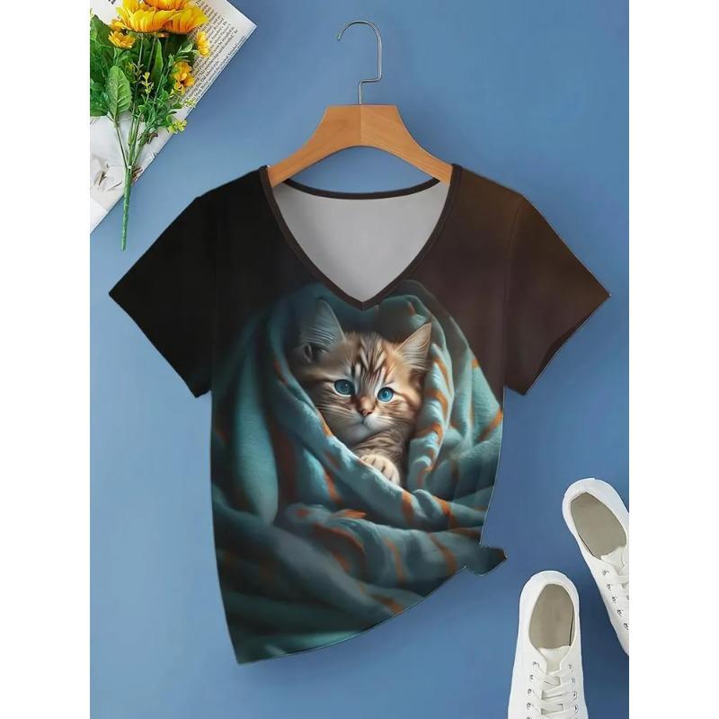 3D Printed Women's V-neck T-shirt with Kitten Pattern Versatile Summer Fresh Women's Edition T-shirt Breathable Machine Washed Outdoor Top