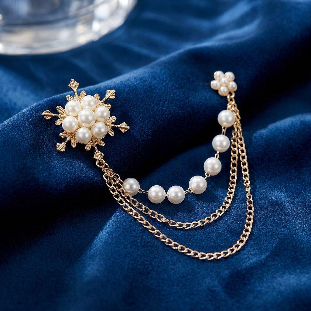 Korean Style Elegant Pearl Snowflake Tassel Brooch for Women - Fashionable Clothing Accessory
