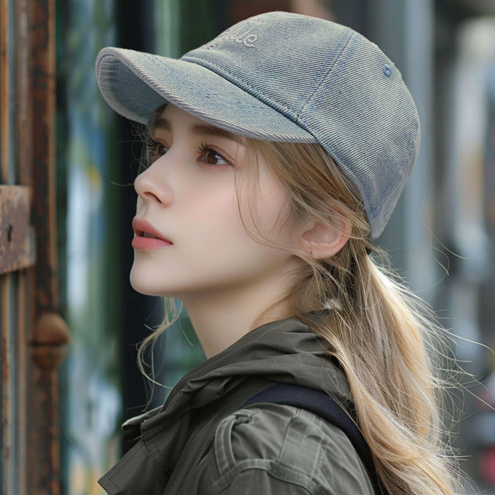 

Unisex Denim Short Brim Hat with Embroidered Letters - Spring/Summer Washed Duckbill Baseball Cap Adjustable світло-синій колір