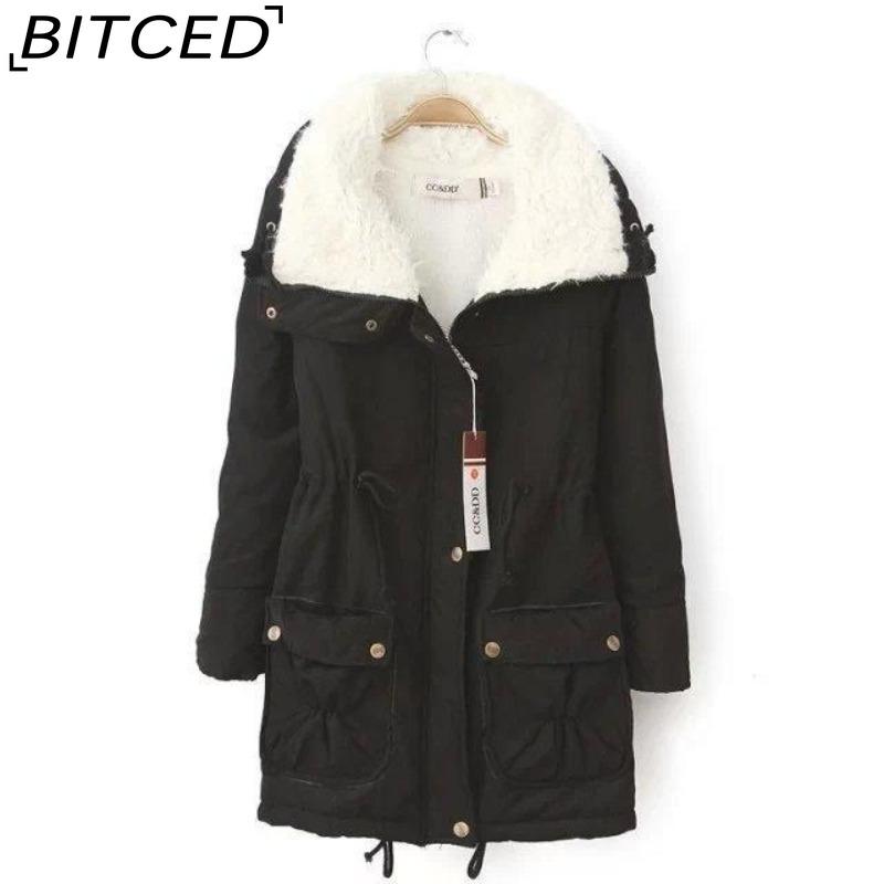 

BITCED Thickened Women s Workwear Cotton Coat Women s Mid-Length Shearling-Lined Cotton Coat Winter Overcoat in Plus Sizes XXXL чёрный