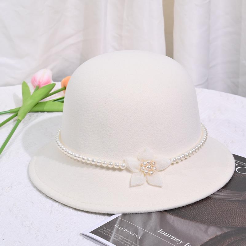 Premium celebrity style dome woolen top hat pearl flower big eaves hat children