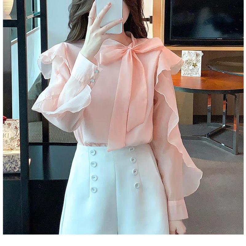 Spring Flounces Woman Chiffon Shirt Bow Formal Ruffles Dress Shirts For Women
