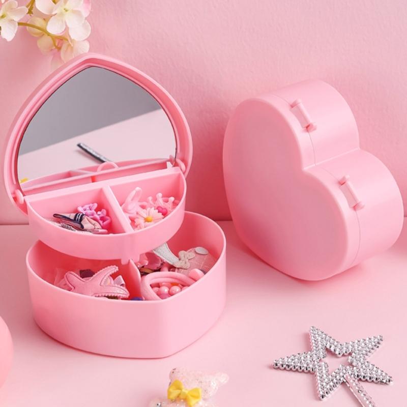 Jewelry Organizer Heart Shape Makeup Box with Mirror Cosmetic Storage Container for Earrings Rings Necklaces Display