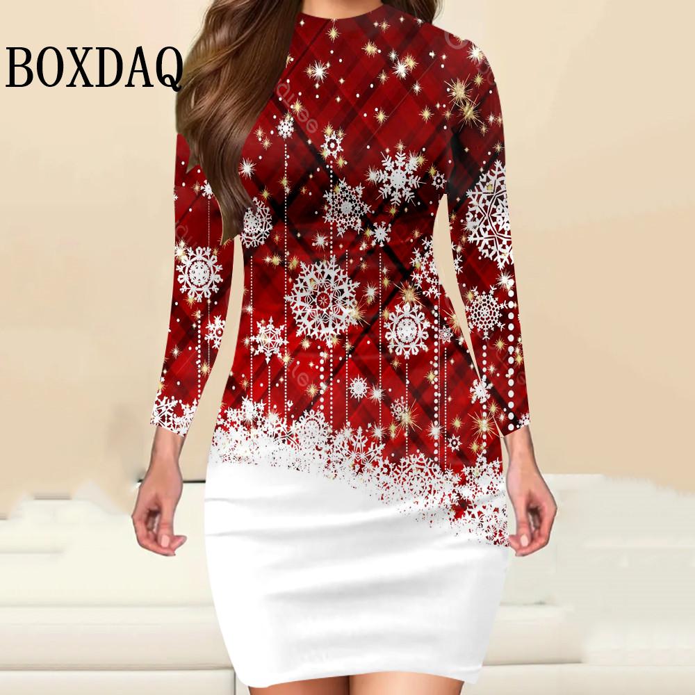 Christmas Party Women Dress Fashion Christmas Printed Autumn Winter Long Sleeve Elegant Women's Bodycon Mini Dress