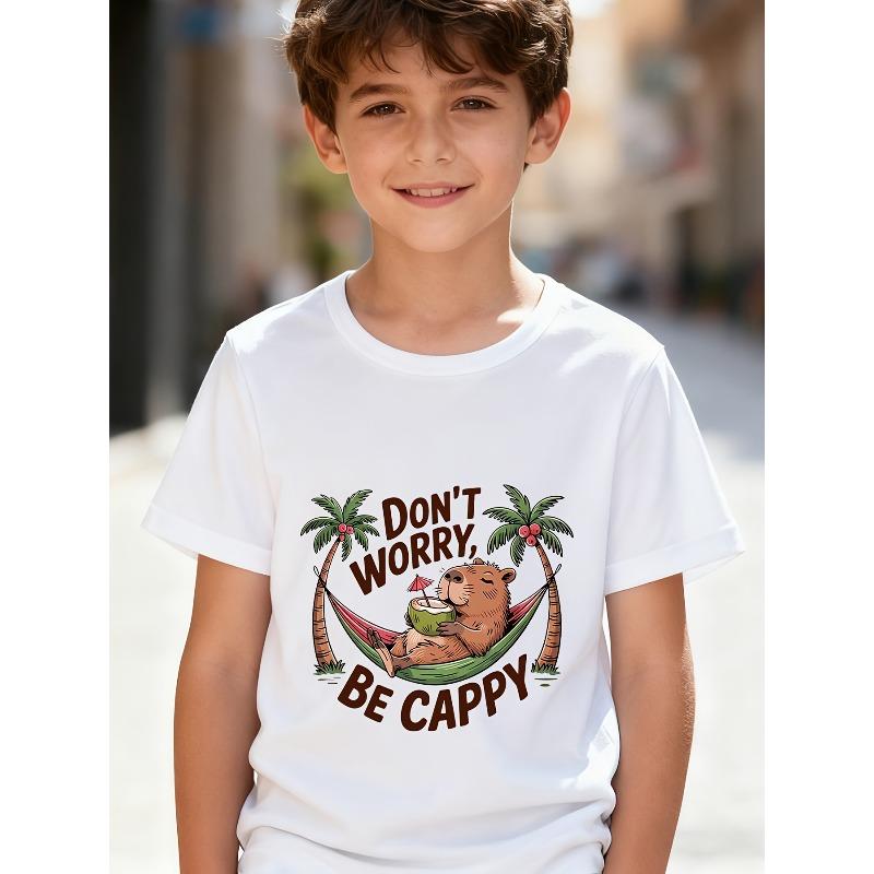 

European sizes Boys Cartoon Print T-Shirt | Casual Crew Neck, Slight Stretch Fabric, Perfect for Spring/Summer, Regular Fit. 164cm білий