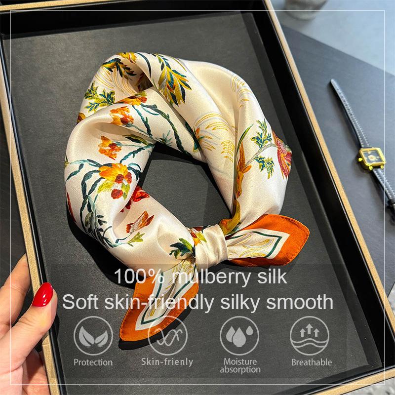 Luxury 100% Real Silk Scarf Women Floral Print Bandana Shawl Lady Neckerchief Handkerchief Female Neck Bag Decorative Wrap 53cm