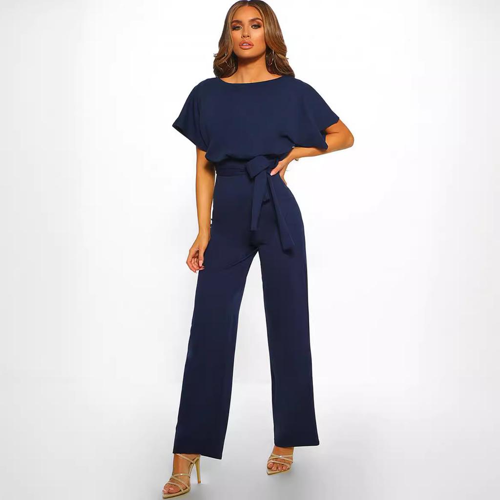 Women's clothing summer Jumpsuit, Elegant Short Sleeve Hollowed Waist Tie Solid Summer Wide Leg Pants