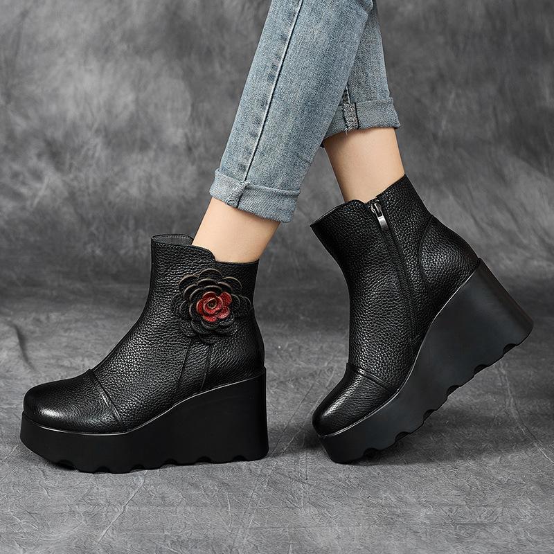 Fashion Top quality 8CM Women Winter Warm Plush Boots National Style Flower Retro Handmade Wedges Height Increasing Platform Ankle Boots