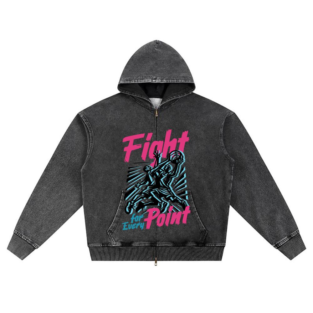 DTG print Knitted Denim Zip-Up Hoodie Fight Ball T Shirt Brother Print Zipper Hoodies