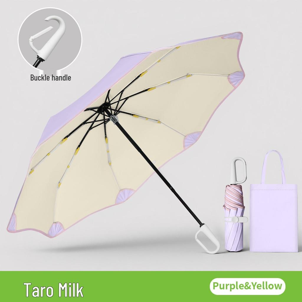 8-Rib Manual Buckle Safety Umbrella with Pink Edges, UV Protection, 3-Fold, for Female Students