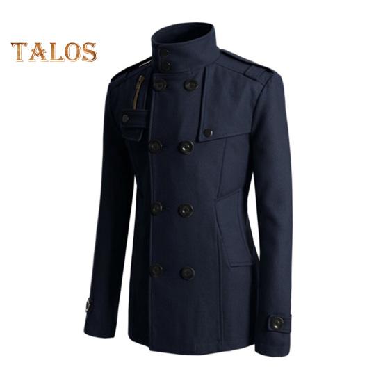 Men Woolen Coat Stand Collar Long Sleeve Windbreaker with Double-Breasted Closure Pockets Solid Color Mid-Length Outwear