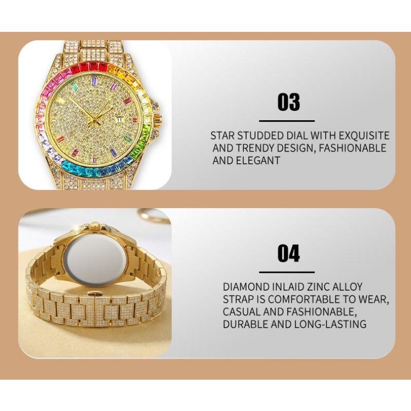Luxury Gold Iced Out Men's Quartz Watch Rainbow Bezel Full Diamond Dial Hip Hop Bling Wristwatch for Men