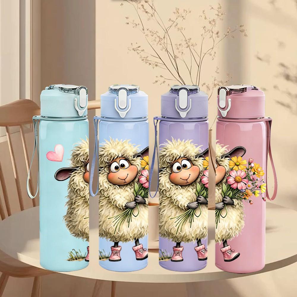 1PC Sheep Hold Flower Bouquet 750ml Color Plastic Sports Water Bottle Leakproof Flip Straw Lid Suitable for Sports Office Home Use