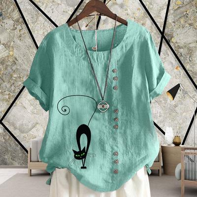 2021 sommer frauen Mode Katzen Gedruckt Kurzarm Rundhals Bluse Damen Leinen Taste Tops Lose T-shirts Plus Größe