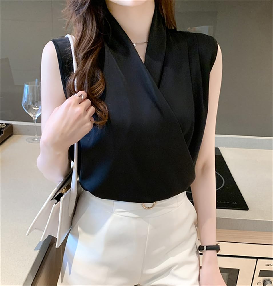 Sleeveless Office [Kayiyasu] Women's Blouse, Shirt, V-Neck, Slimming, Thin, Shiny, Lady, Commuting, Casual, Spring, Summer, Autumn, S-2XL (M, Black)
