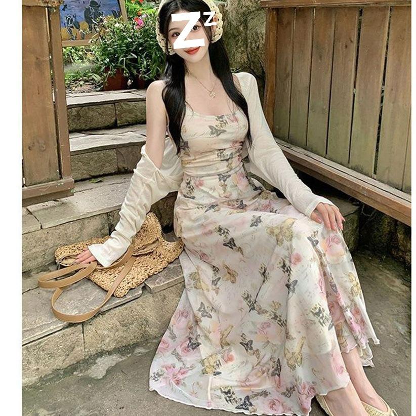 Gentle Wind Suspender Dress Women's Summer Temperament Coffee Break French Floral Niche Design Sense Thin Slim Skirt
