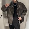 2023 Spring and Autumn Fashion Trendy Men's Senior Wrinkled Leather Stand Neck Casual Loose Versatile Raspy and Handsome Jacket