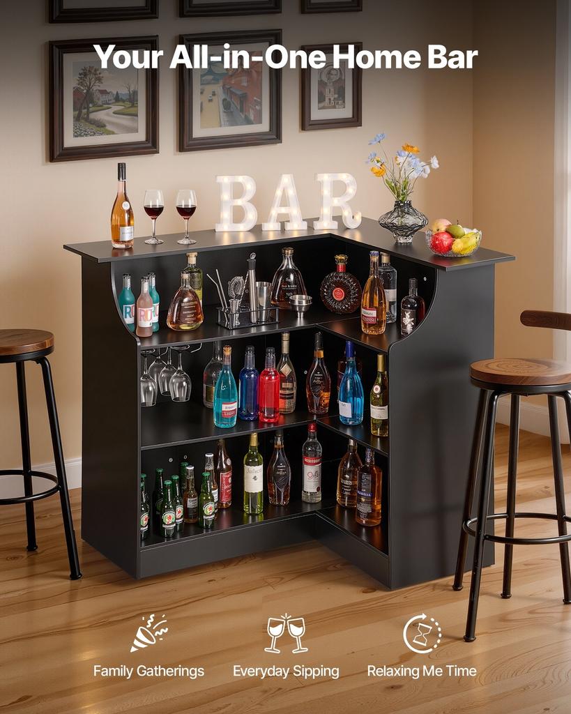 Home Bar Unit, L-Shaped Wine Bar Cabinet Table 4-Tier with Storage Shelves, Wine Glass Holder, 136 Kg Max Capacity, Wood Liquor Cabinet for Home,