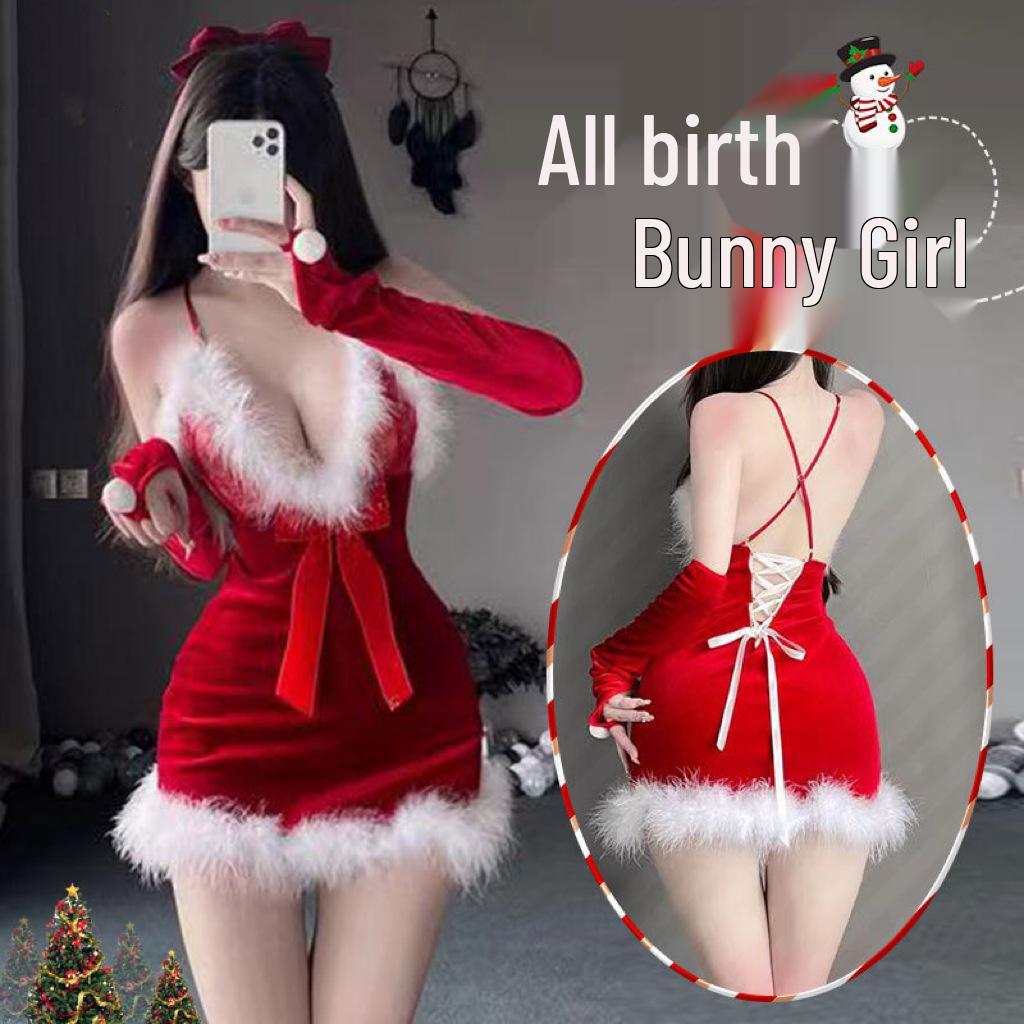 Shuo Yao Women's Christmas Lingerie Set: Plush Camisole, Skirt, Quick-Release 1072