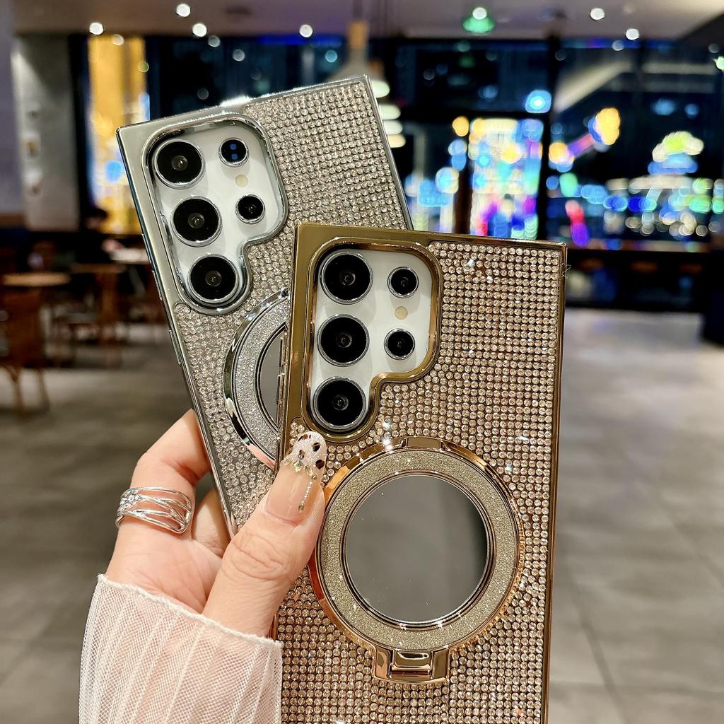 Diamond Glitter Mirror Phone Case For Samsung Galaxy S26 Ultra S23 S24 Ultra S25 Plus Magnetic Ring Stand Protector Cover