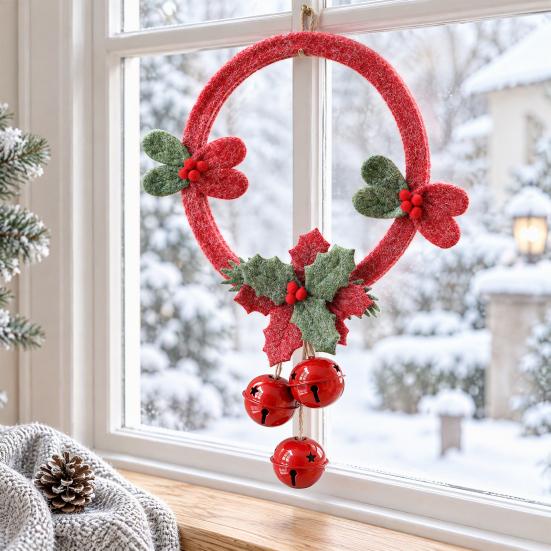 Christmas Window Decoration Non-woven Fabric Bell Wreath, Holly Berry Wreath with Mini Xmas Tree Bells, Hanging for Front Door Wall