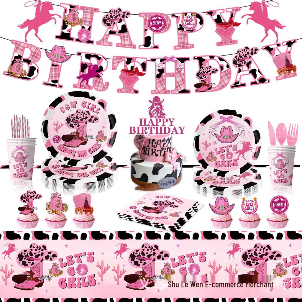 Pink Cowgirl Party Tableware Set: Gun & Rose Series Cups, Plates, Decorations
