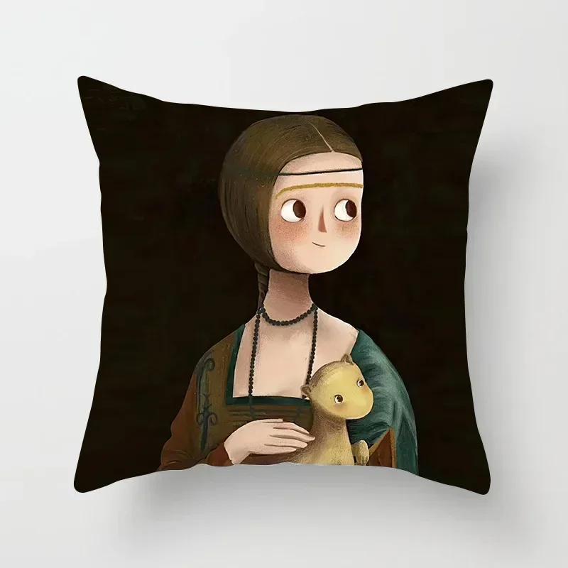 Creative Cartoon Oil Painting Mona Lisa  Gogh Cushion Cover Portrait Painting Throw Pillow Case Cojines Decorativos Para Sofa