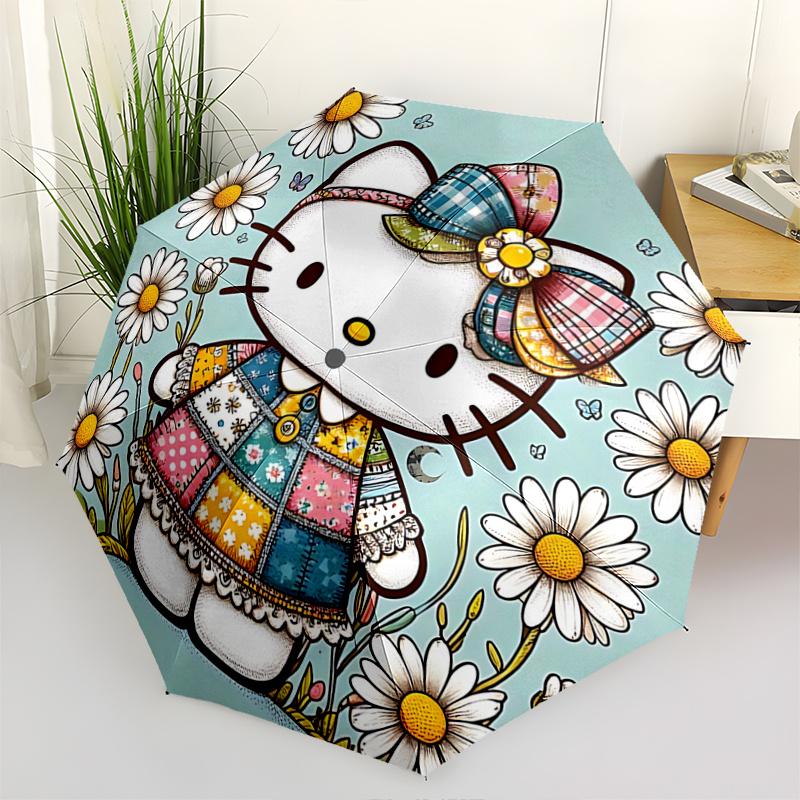 

1pc Hello Kitty Daisy Patchwork with Automatic Opening Umbrella - Portable Tri-Fold Design, 8-Bone Iron Frame, Outdoor Umbrella, Ideal Gift for Fans,