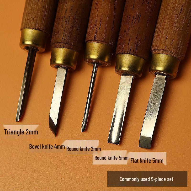 Set cuțit de sculptură în lemn: Lame plate, rotunde, bizotate pentru gravură manuală pe bloc de lemn