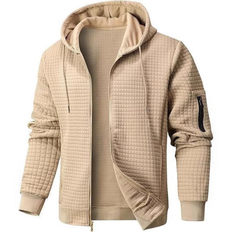 Men S Solid Color Waffle Knit Full Zip Hooded Sweatshirt Casual Jacket