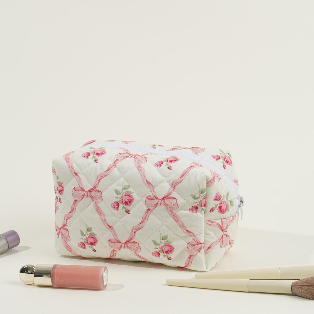 New Bowknot Quilting Women Cosmetic Bag Cute Zipper Travel Makeup Pouch Cotton Aesthetic Storage Bag Skincare Organizer