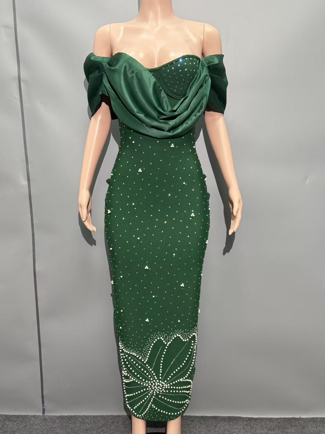

Элегантное бандажное платье с одним плечом и стразами для женщин - Изысканное высококлассное вечернее платье для вечеринок и банкетов Large темно-зеленого