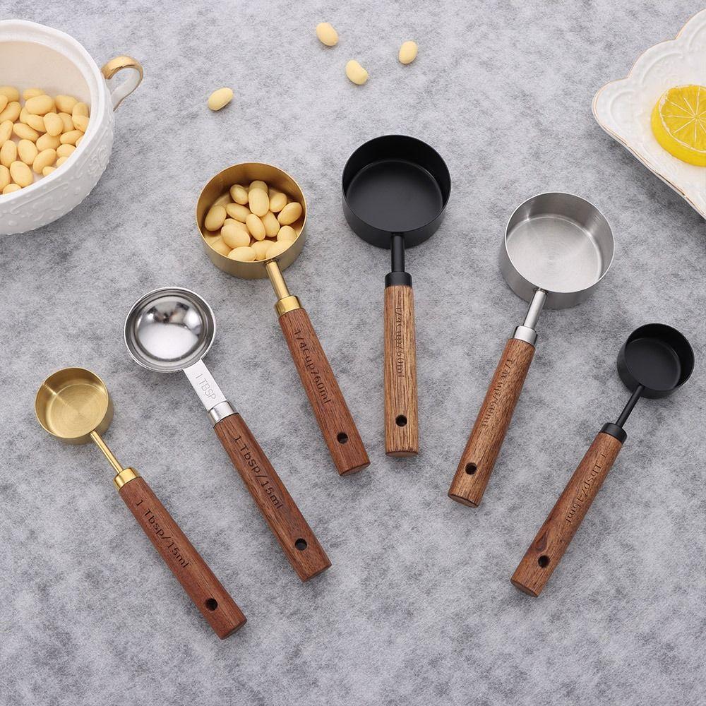 4 Pezzi Cucchiaio Dosatore Caffè con Manico in Legno Oro Argento Strumento per Cottura Gelato Zucchero Sale Spezie