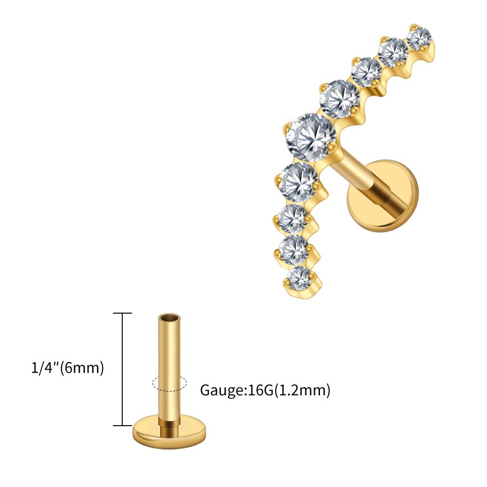 Right Grand ASTM F136 Titanium Arc CZ Cluster Labret Curved Bar Flat Back Stud Earring Helix Cartilage Conch Piercing Jewelry