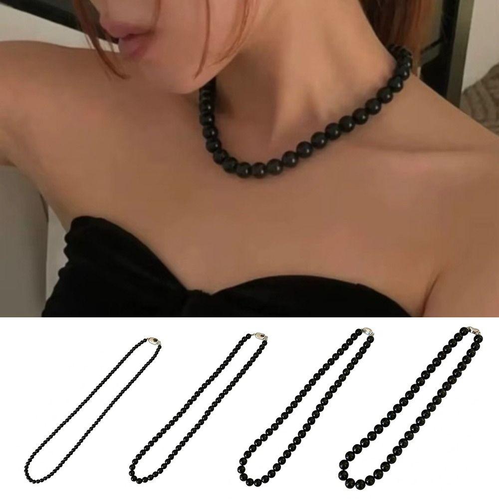 Copper Gold Black Agate Necklace Silver Plated Coin Buckle Chokers Imitation Pearl Necklace Women