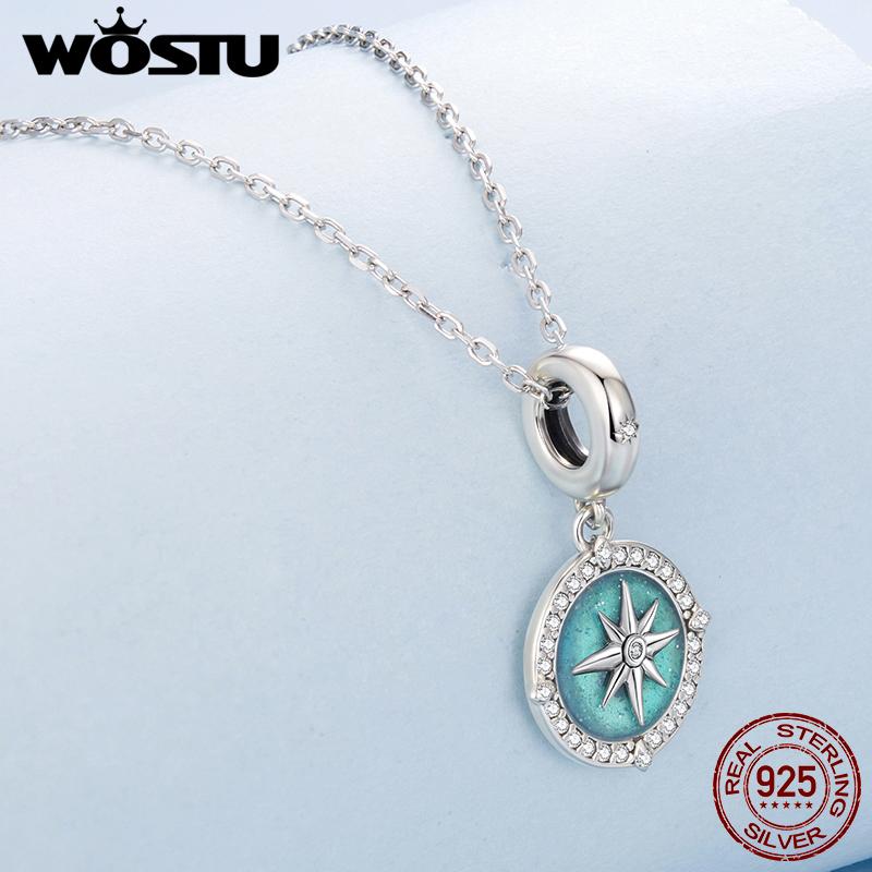 WOSTU 925 Sterling Silver Enamel Compass Pendant Charm For Women