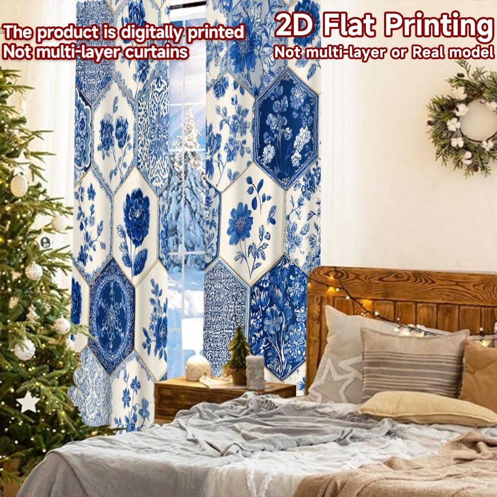 2pcs, 2D FLAT PRINTING Curtains (Without Rod) Blue Hexa Pattern Modern Fashionable Curtainments Versatile Durable Polyester