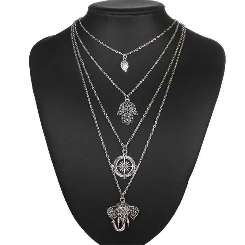 Fashion Boho Punk Retro Alloy Palm Sun Multilayer Necklace Leaf Elephant Pendant