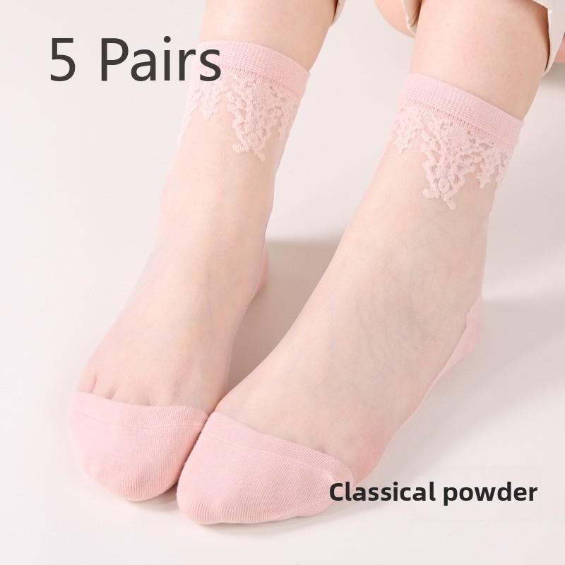 

5 пар женских носков весна/лето тонкие антизацепляющиеся носки из стеклянной проволоки средней длины ретро чулки с кристаллами 5 Pairs розовый