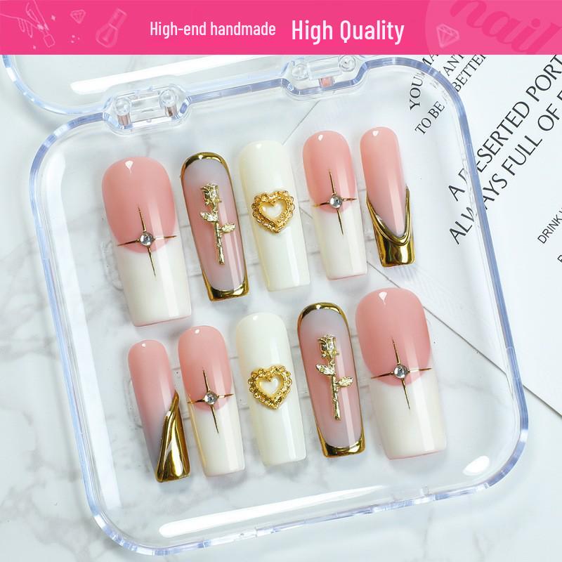 

Handmade Rose Rhinestone Heart French Manicure Wearable Nail Tips Large