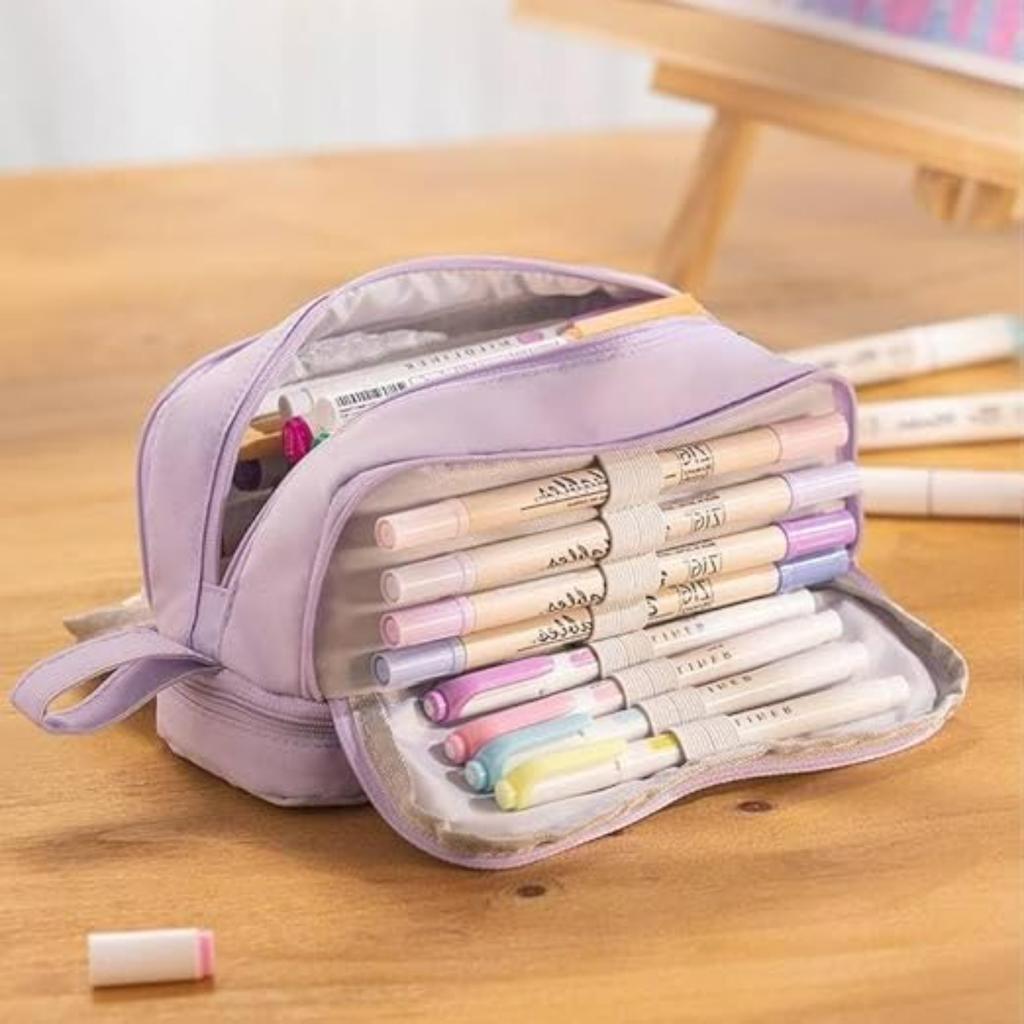 Pencil case large capacity pen with 4 compartments pencil case with multiple slots school office stationery storage device black
