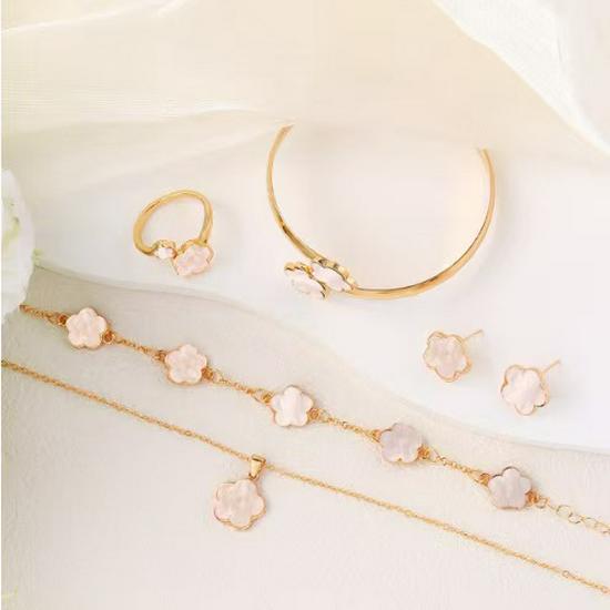 European Elegance: Five-Petal Flower Jewelry Set (Necklace, Bracelet, Bangle, Earrings, Ring)