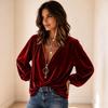 Women's Velvet V-Neck Zipper Long Sleeve Top, Fashion Casual Blouse