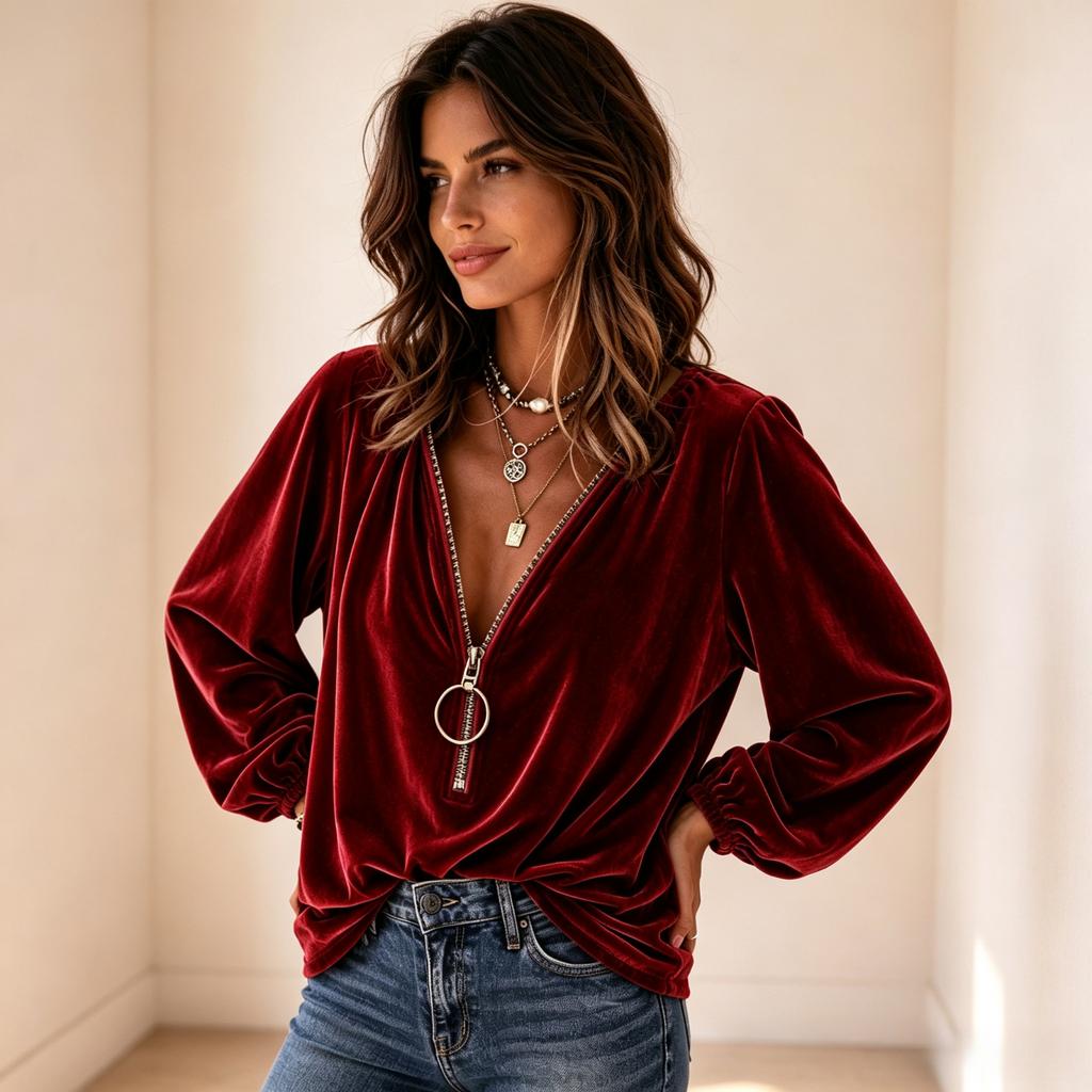 Women's Velvet V-Neck Zipper Long Sleeve Top, Fashion Casual Blouse
