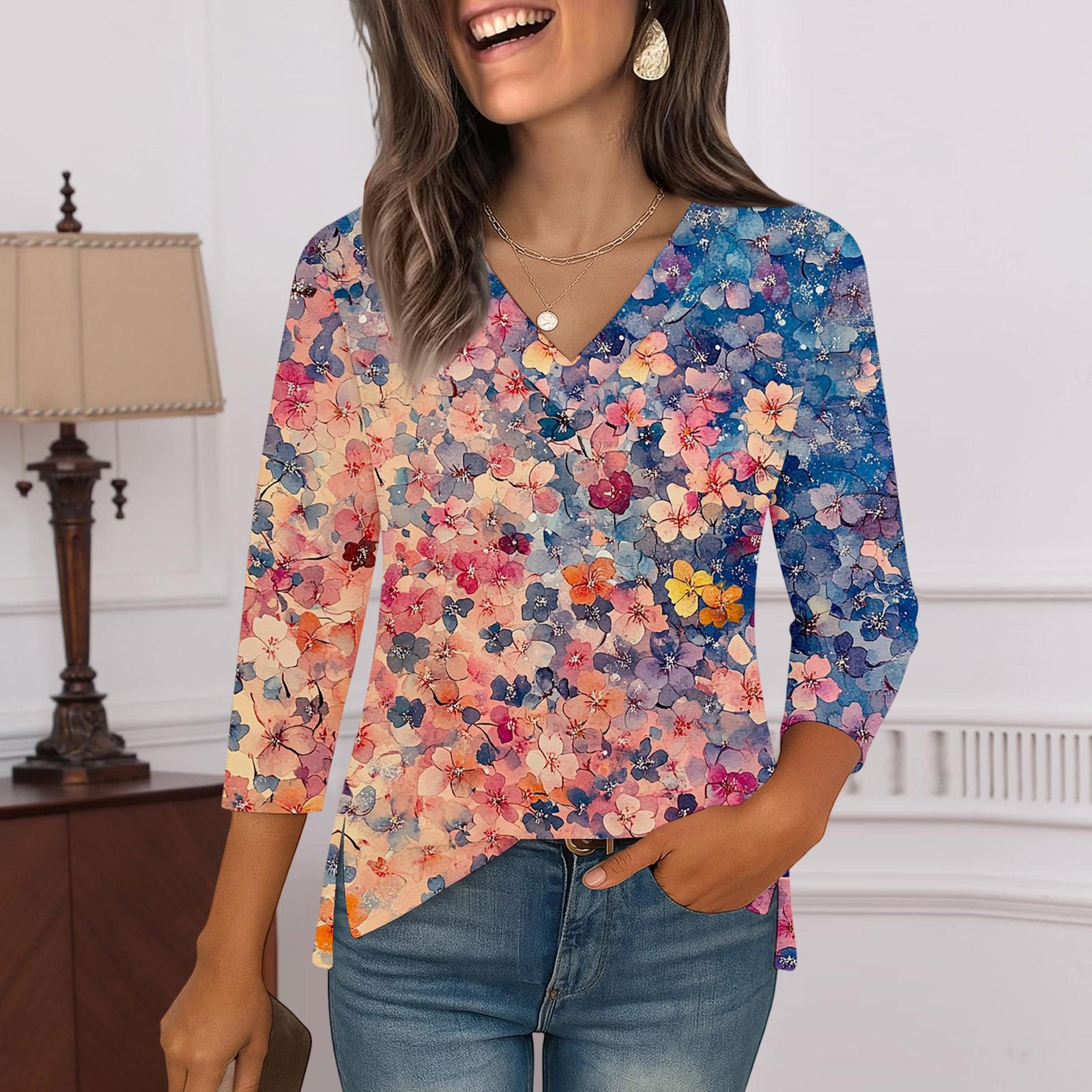 

3/4 Sleeve Shirts For Women Print Graphic Tees Blouses Casual Plus Size Basic Tops Pullover XL арбуз красный