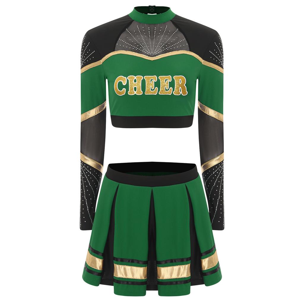Damen Cheerleader Tanzbekleidungsset Langarm Pailletten Crop Top Plissee Rock Cheerleading Uniform Kostüm