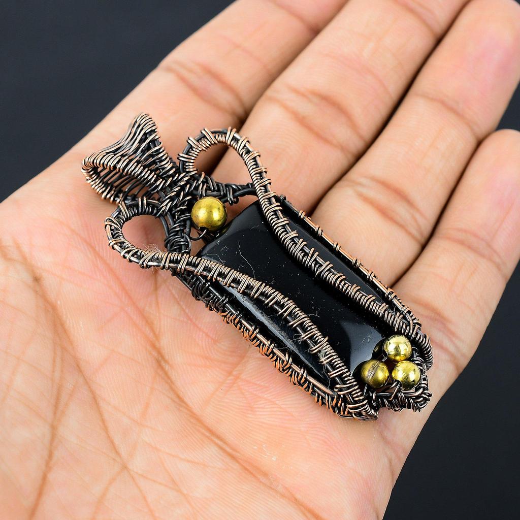 Black Onyx Gemstone Pure Copper Wire Wrapped Handmade Jewelry Pendant For Gift