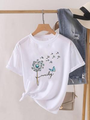 (Asian Size) Short Sleeve T Shirt Letter Style Trend Cute O-neck Tee Clothing Top Casual Fashion Print Lady Female Women Graphic T-shirts
