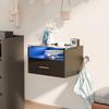 Wall-mounted Bedside Table with Lights 3-Tier 2AC/2USB with Drawer Wood Bedside Multifunctional Cabinet Tempered Glass Top Shelf