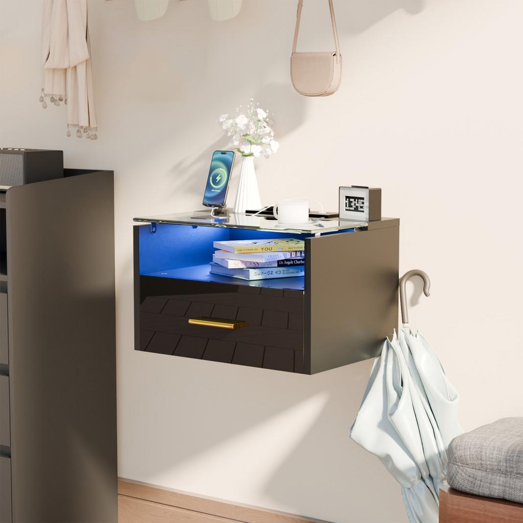 Wall-mounted Bedside Table with Lights 3-Tier 2AC/2USB with Drawer Wood Bedside Multifunctional Cabinet Tempered Glass Top Shelf